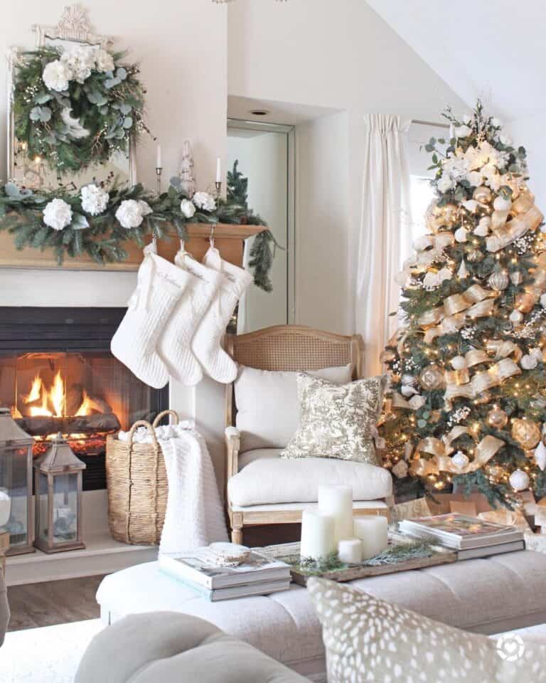 Gold Christmas Tree Decorations and White Stockings