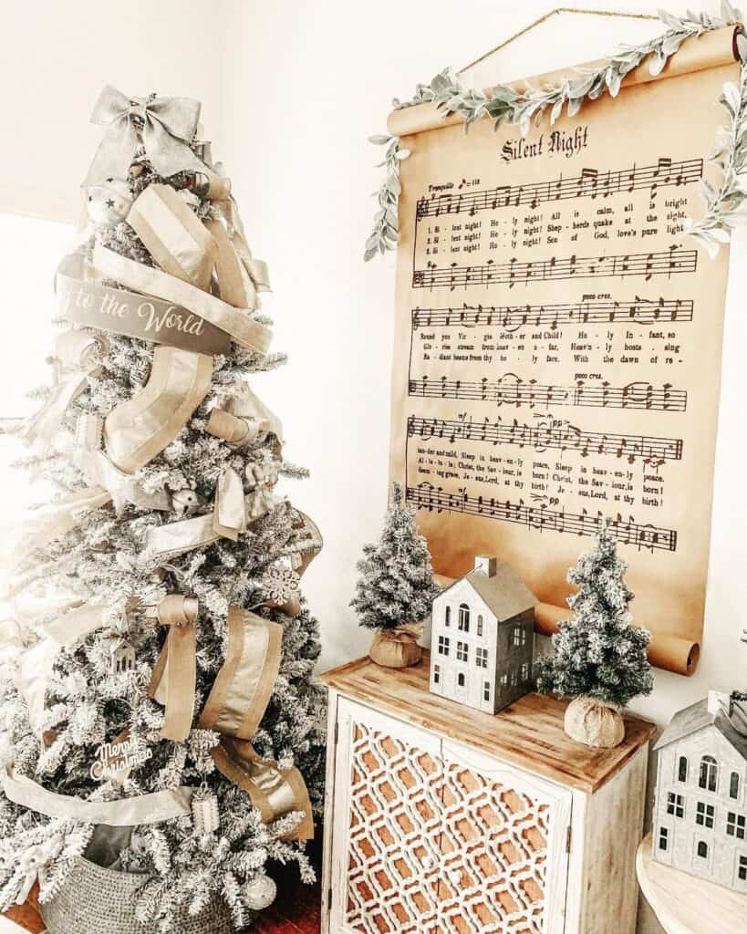 Gold Christmas Tree Decorations and a Scroll