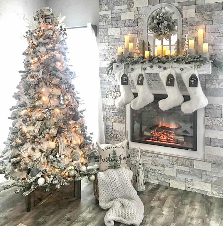 Gold Ornaments and a Grey Stone Fireplace