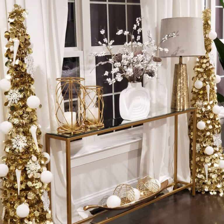 Gold Pencil Christmas Trees with White Ornaments