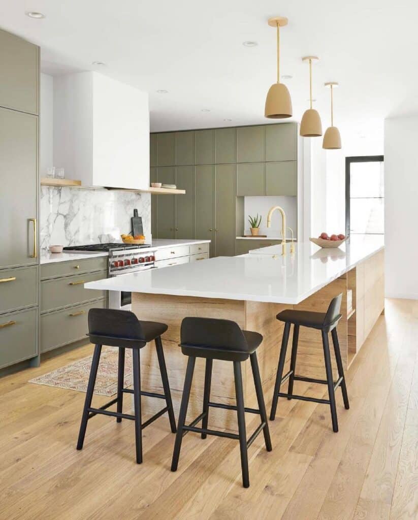 Gold Pendants in Earth Tone Kitchen