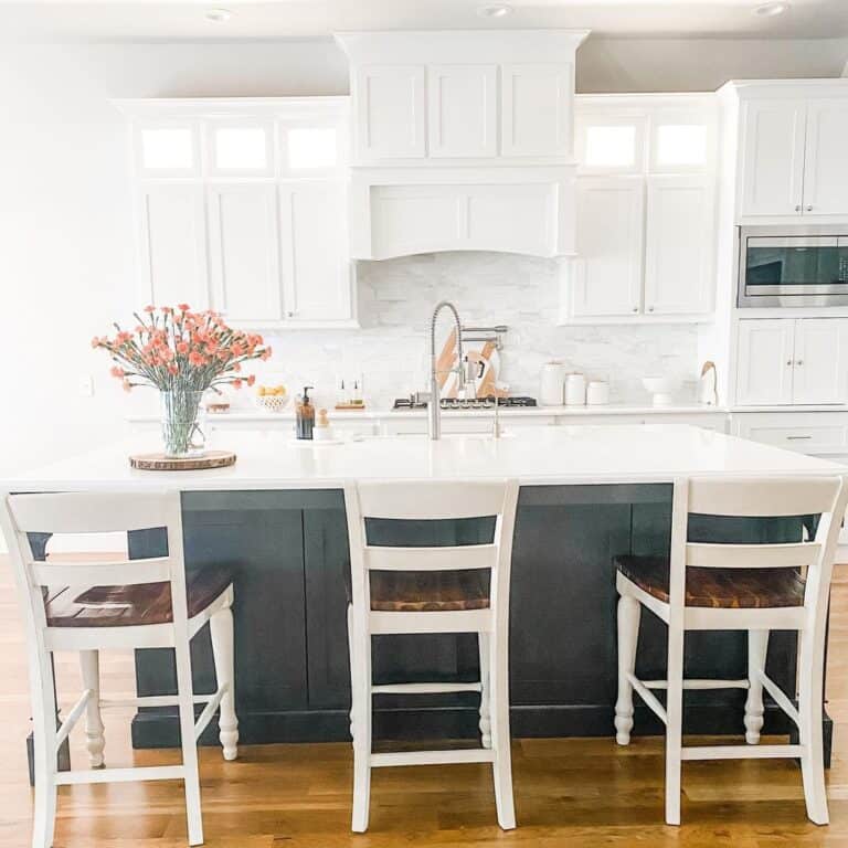 Gray Kitchen Island With White & Wood Stools