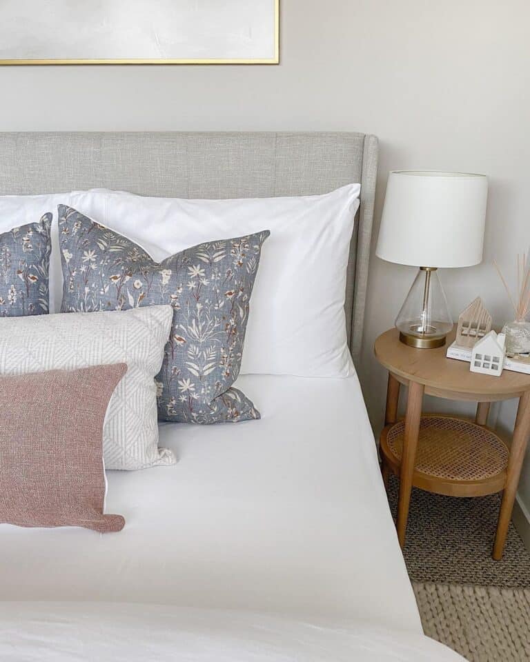 Gray Upholstered Headboard Bed with Table