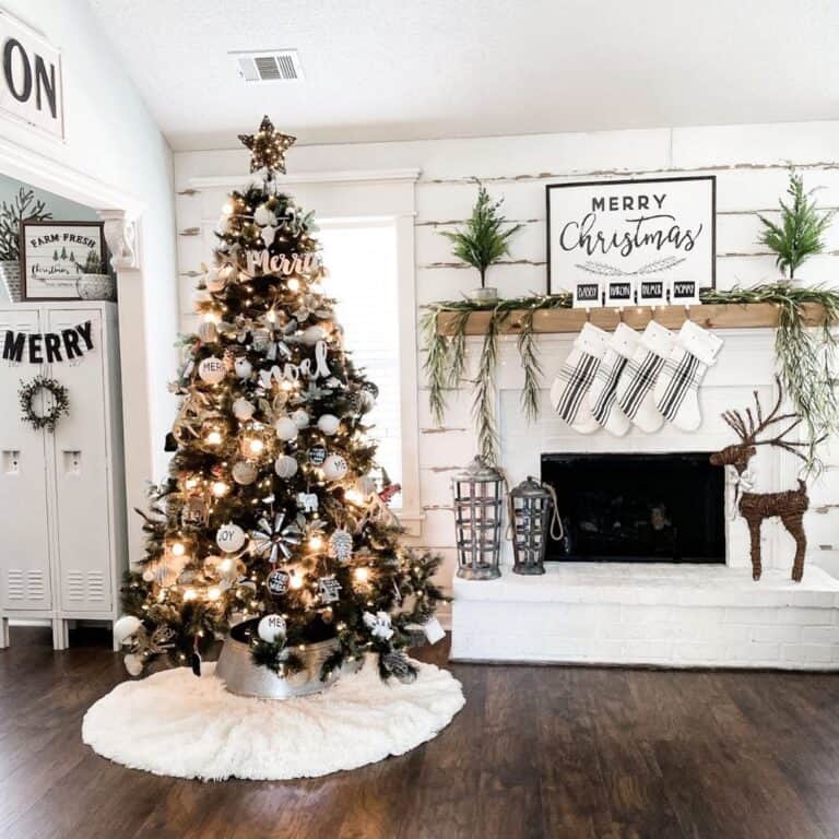 Green Garland on Wood Fireplace Mantel