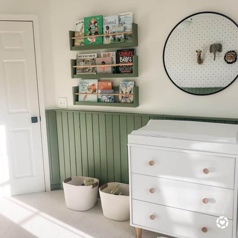 Green and White Room with White Nursery Storage Bins