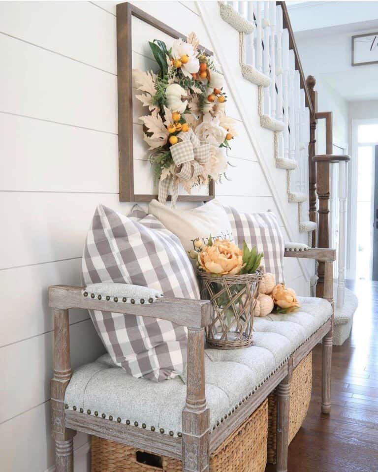 Grey Tufted Entryway Bench With Shoe Storage