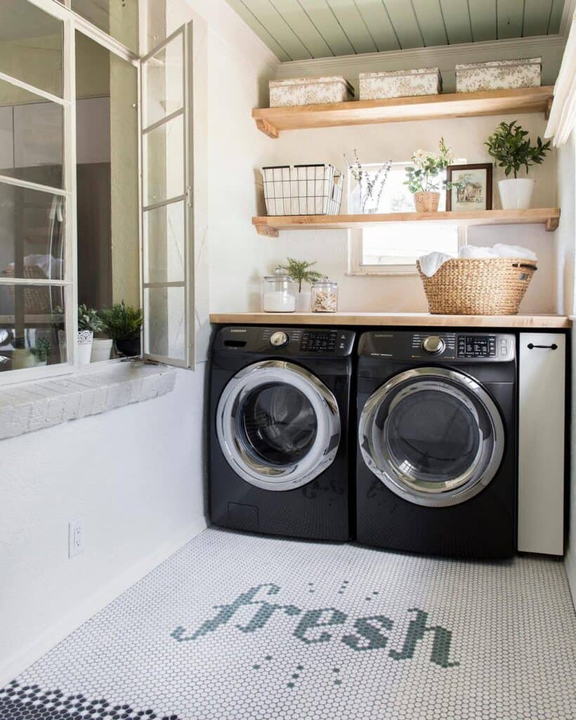 Laundry Room with Black and White Penny Tile Floor