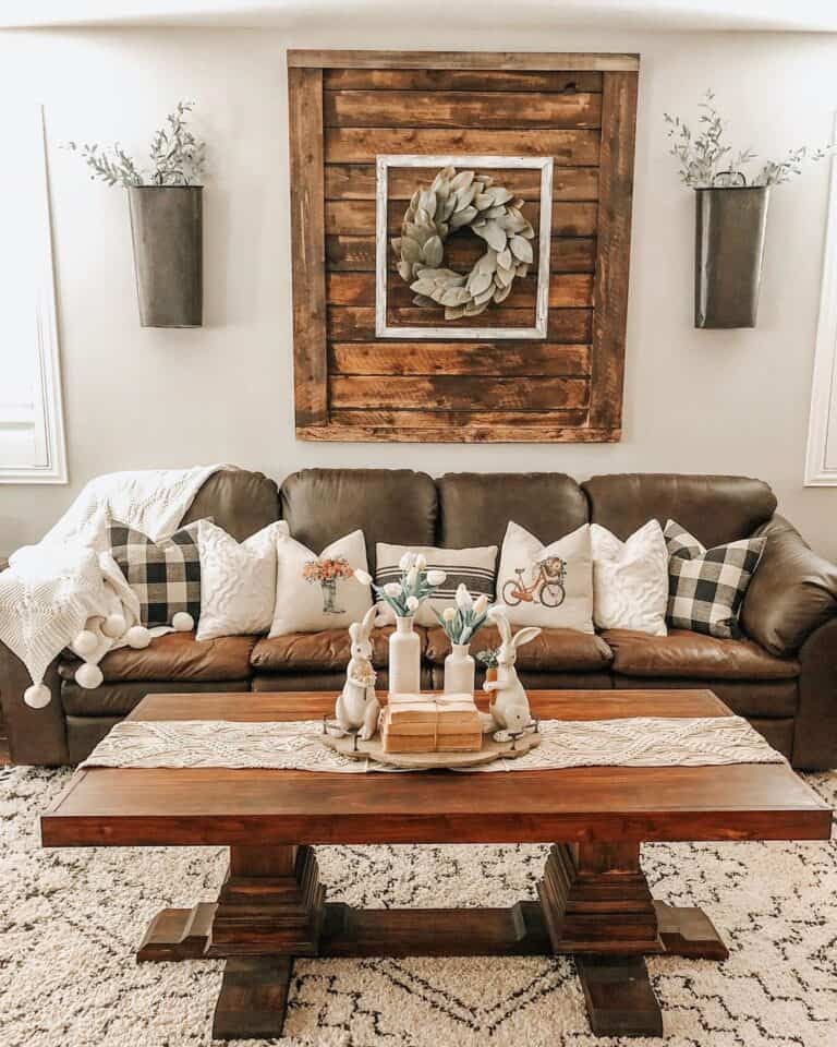 Leather Couch with Shiplap Wall Decor