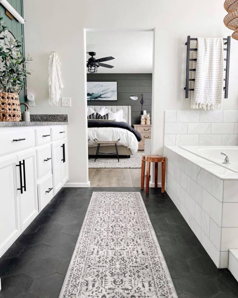 Light Bathroom with Dark Hexagon Tiles