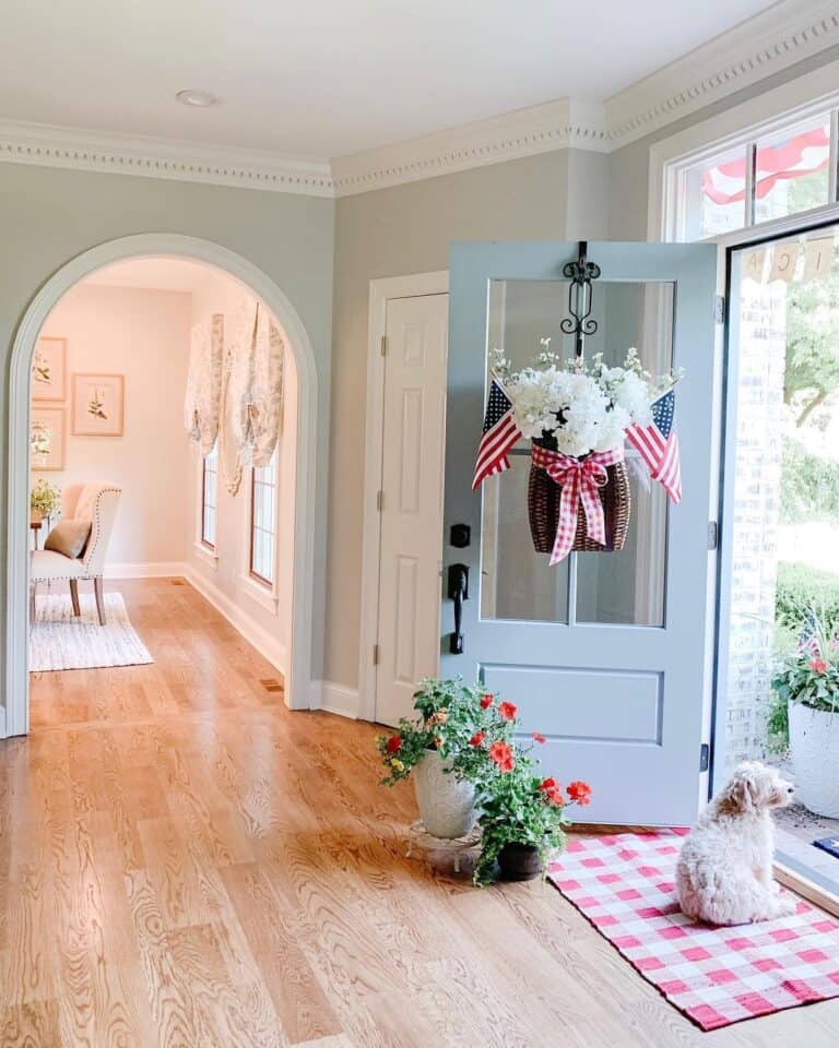 Light Blue Door and Vibrant Red Accents
