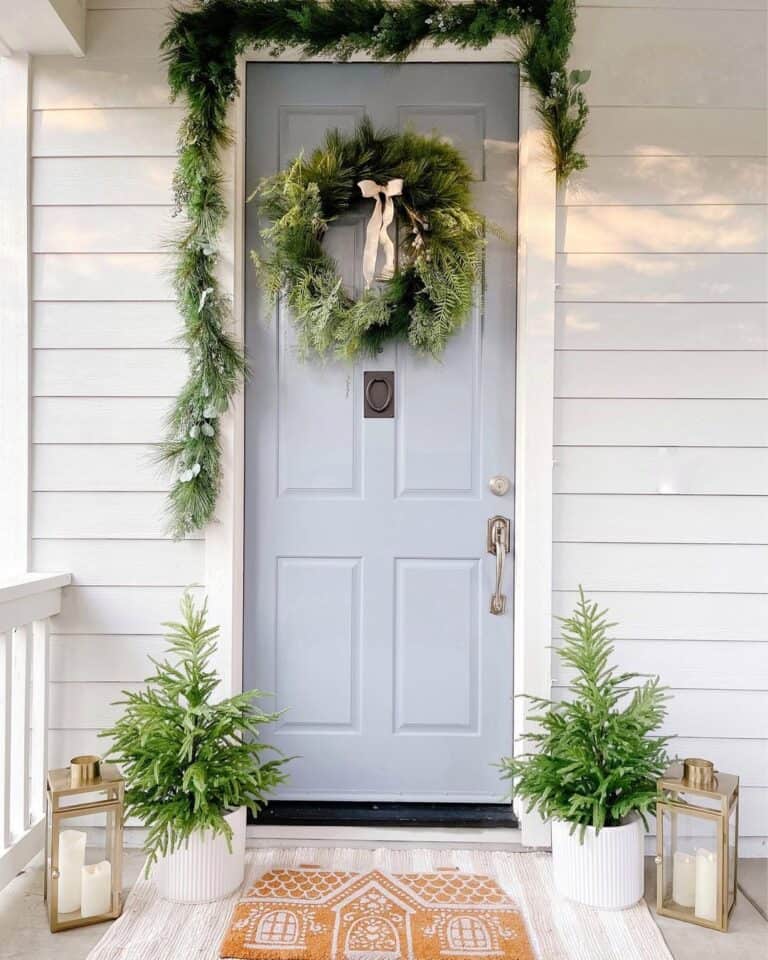 Light Blue Door with Green Wreath