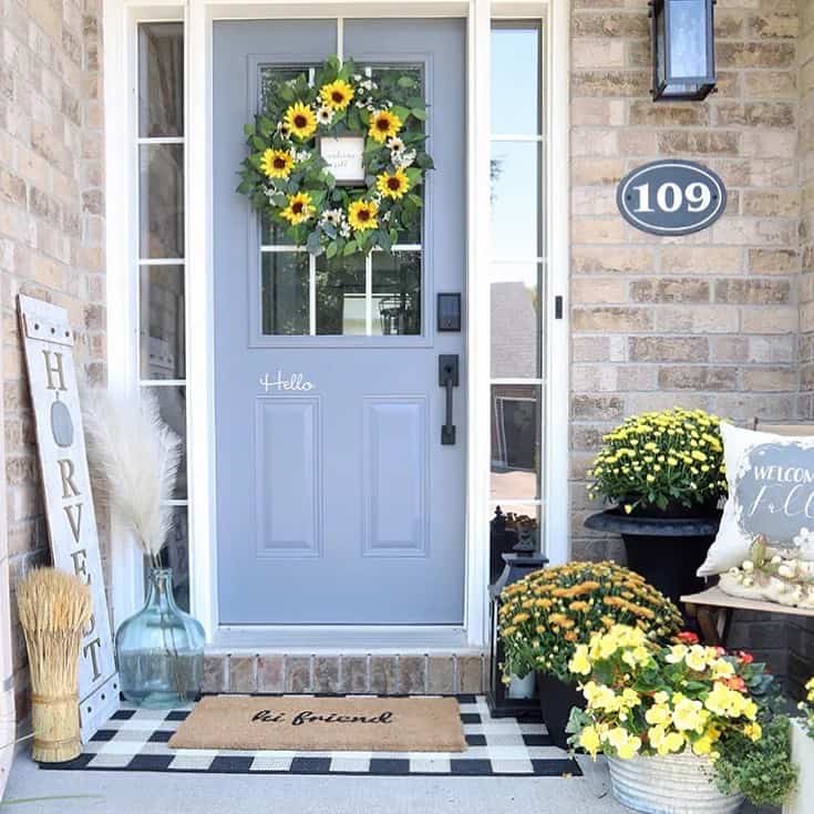 Light Blue Front Door with Sunflower Wreath