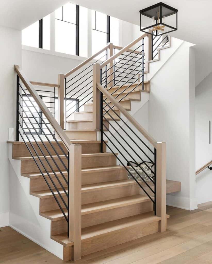 Light Wood Landing Stairs with Railing