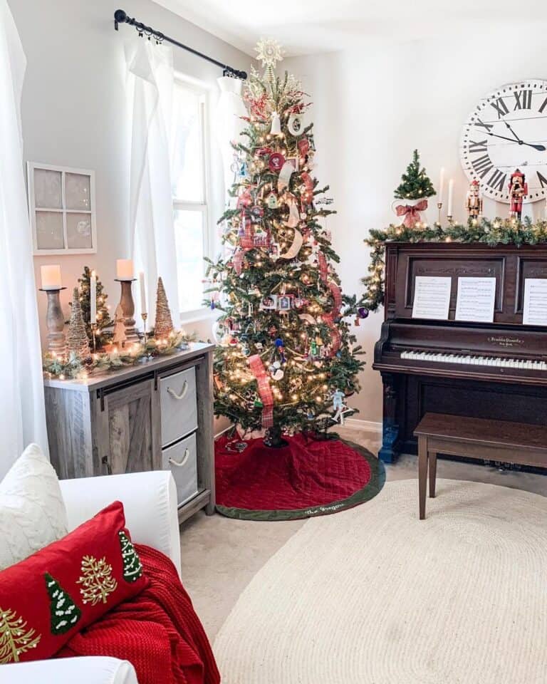 Living Room Piano with Pine Garland