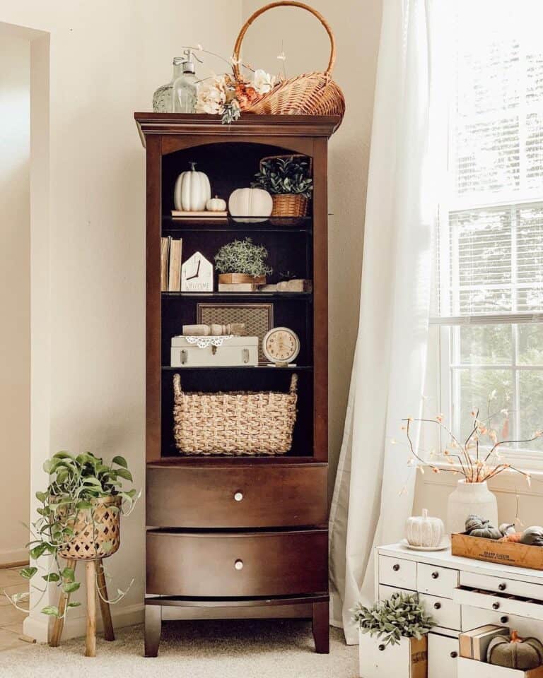 Living Room Wood Bookcase with Fall Décor