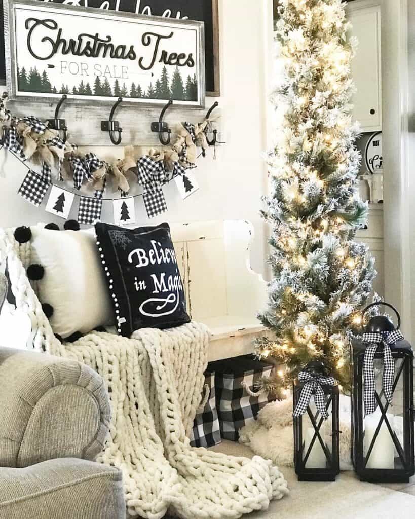 Living Room with Flocked Christmas Tree