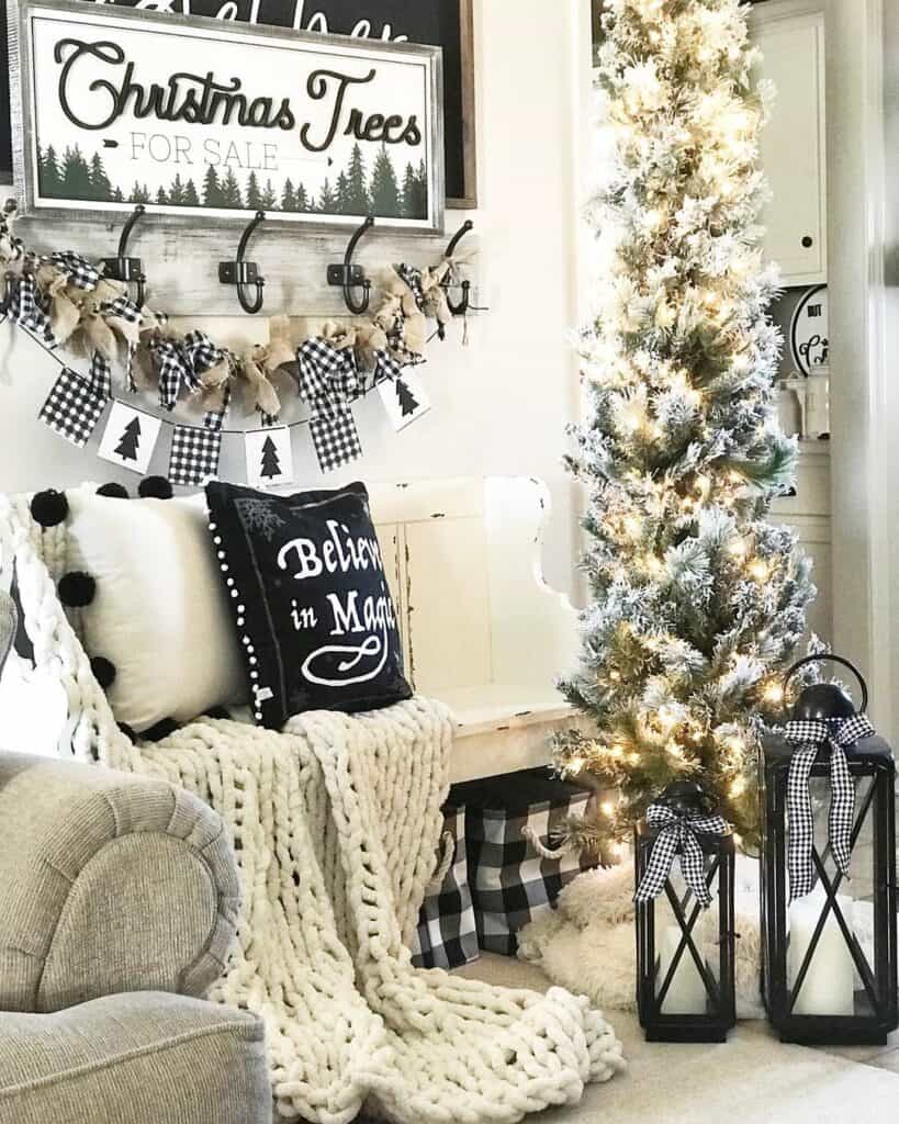 Living Room with Flocked Christmas Tree Soul & Lane