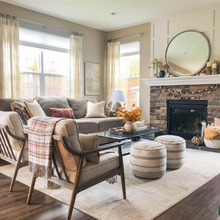 Living Room with Stone Fireplace and Small Poufs