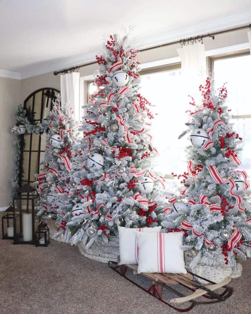 Living Room with Three White Christmas Trees