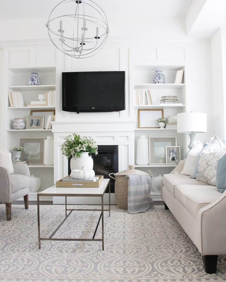 Living Room with White and Blue Color Scheme