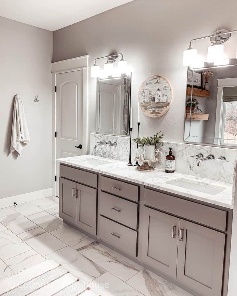 Marble Countertop on a Grey Bathroom Cabinet