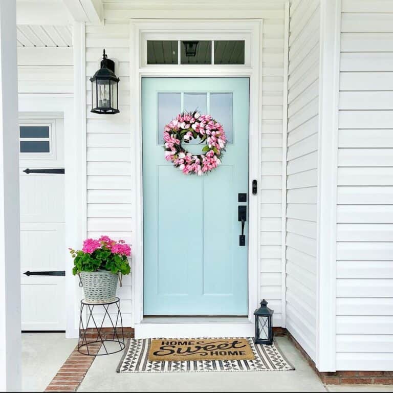Mint Green Front Door with Pink Tulip Floral Wreath