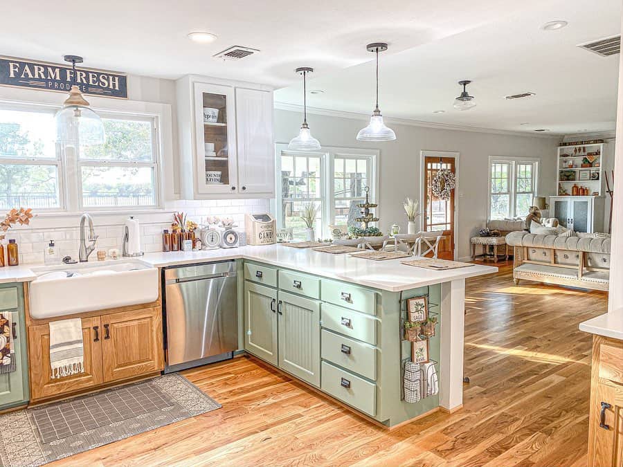 Mint Green Kitchen with Warm Wood Floors