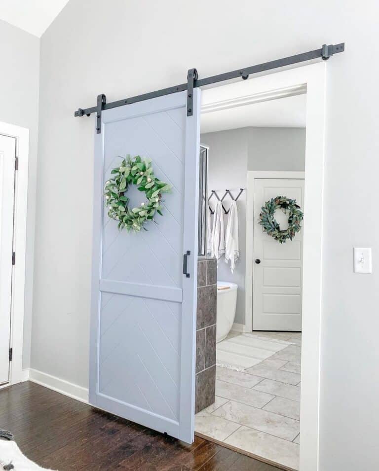 Modern Gray Bathroom with Blue Door