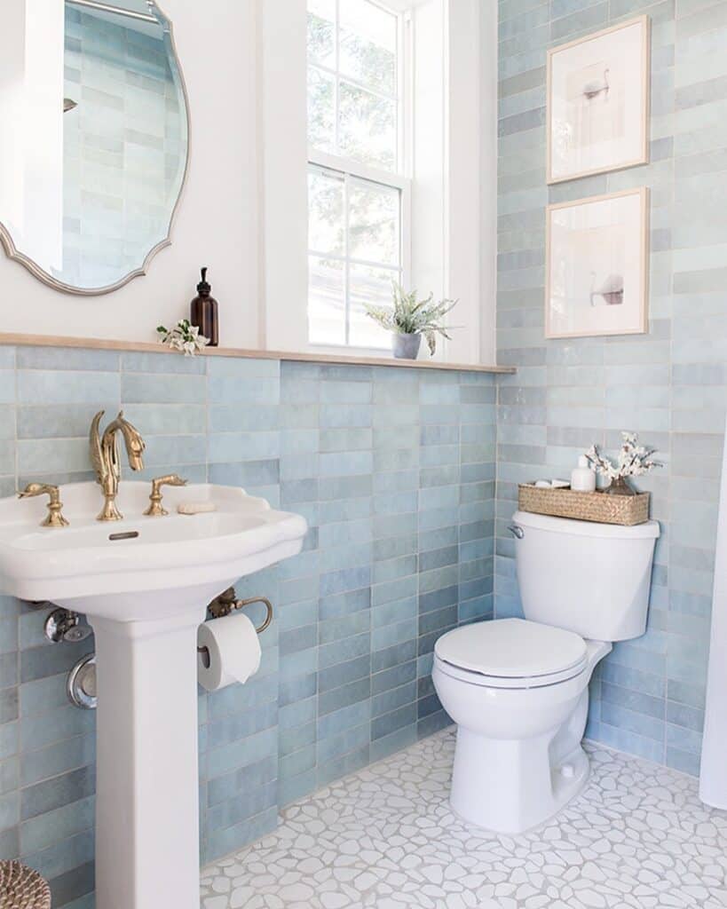 Modern Half Bath with Stacked Tile Walls