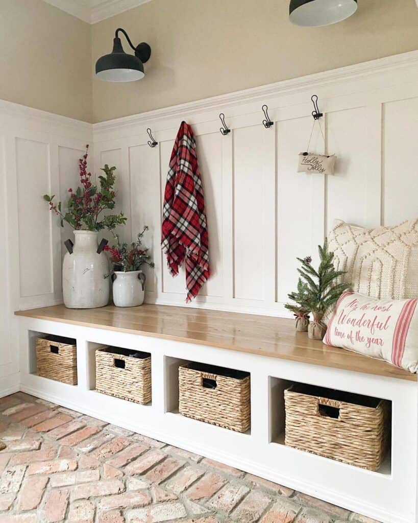 Mudroom Storage Bench with Hooks and Wicker Baskets
