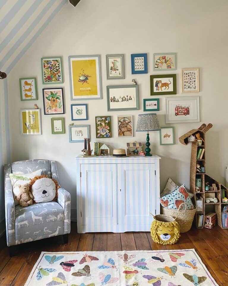 Multicolored Nursery with Striped White and Blue Nursery Storage Furniture