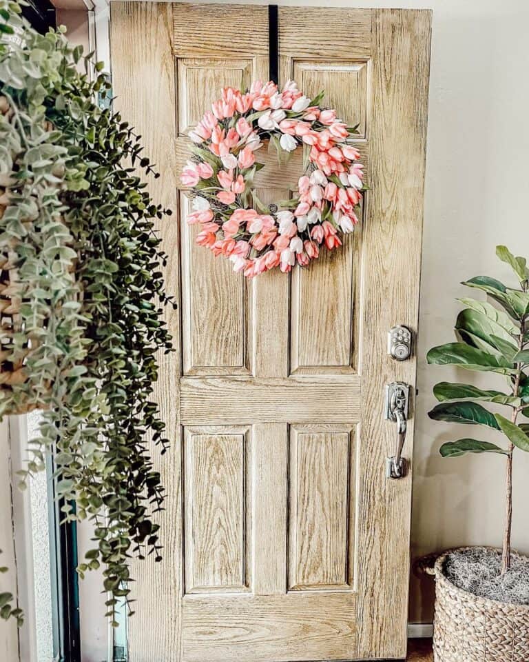 Natural Wood Door with Tulip Wreath
