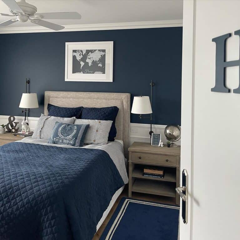 Navy Blue Bedroom with Wood Nightstands