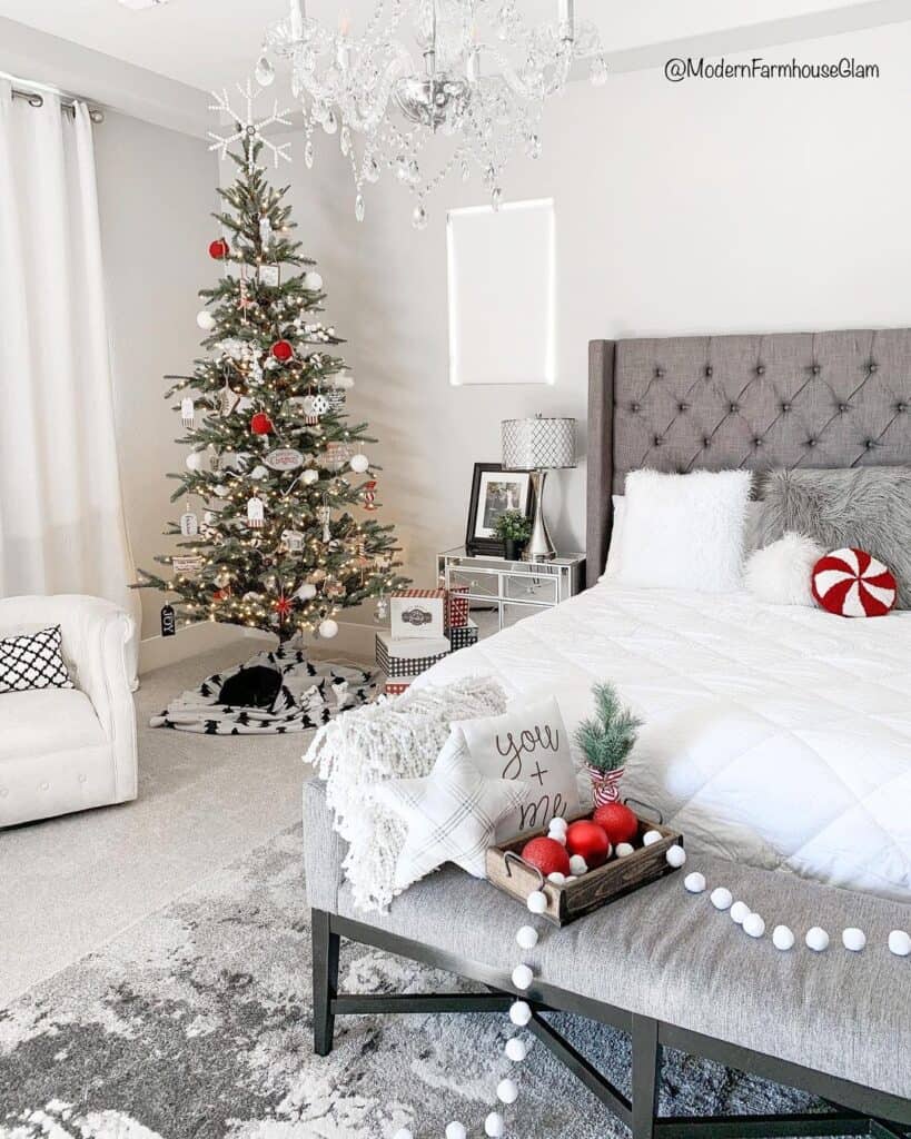 Neutral Bedroom with Red and White Decorated Christmas Tree