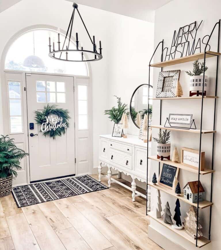 Neutral Christmas Décor in Entryway with Shelf