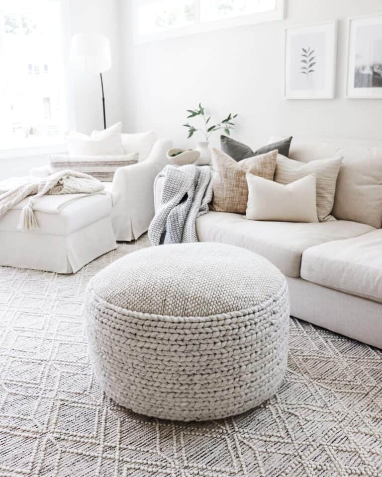 Neutral Living Room with Knitted Round Pouf