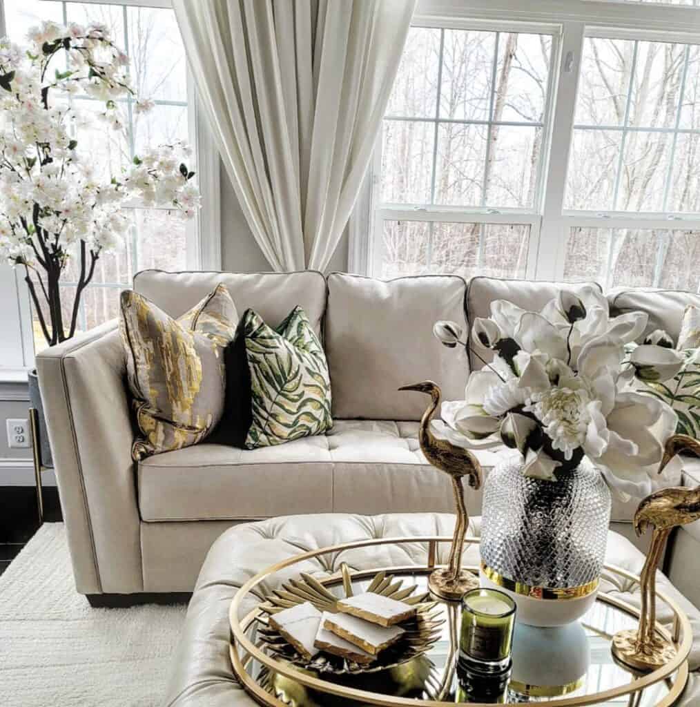 Neutral Living Room with Mirrored Ottoman Tray Decor
