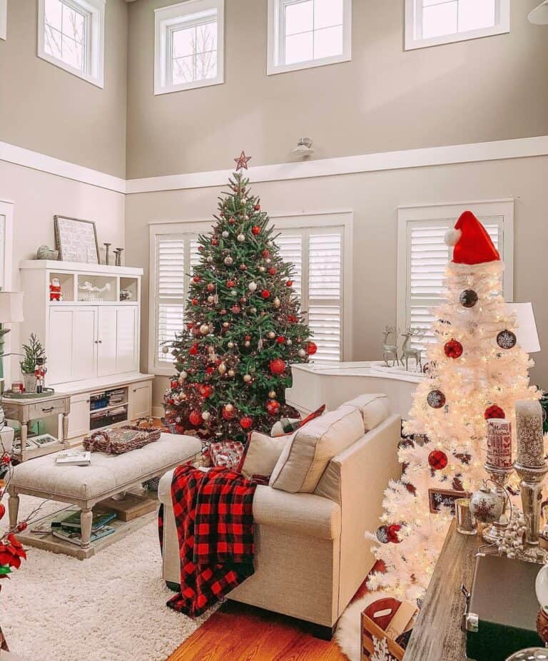 Neutral Living Room with Two Christmas Trees