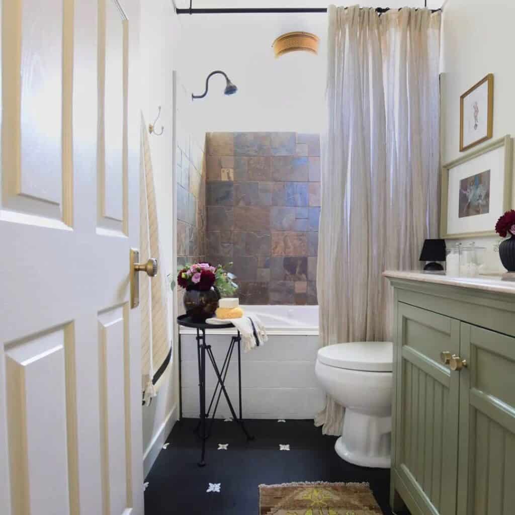Olive Green Bathroom Vanity on Painted Tile