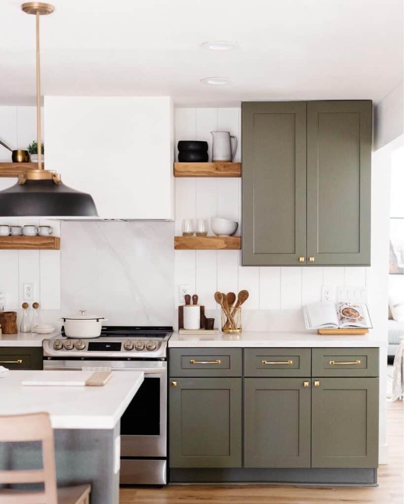 Olive Green Cabinets with Brass Kitchen Pulls and Knobs