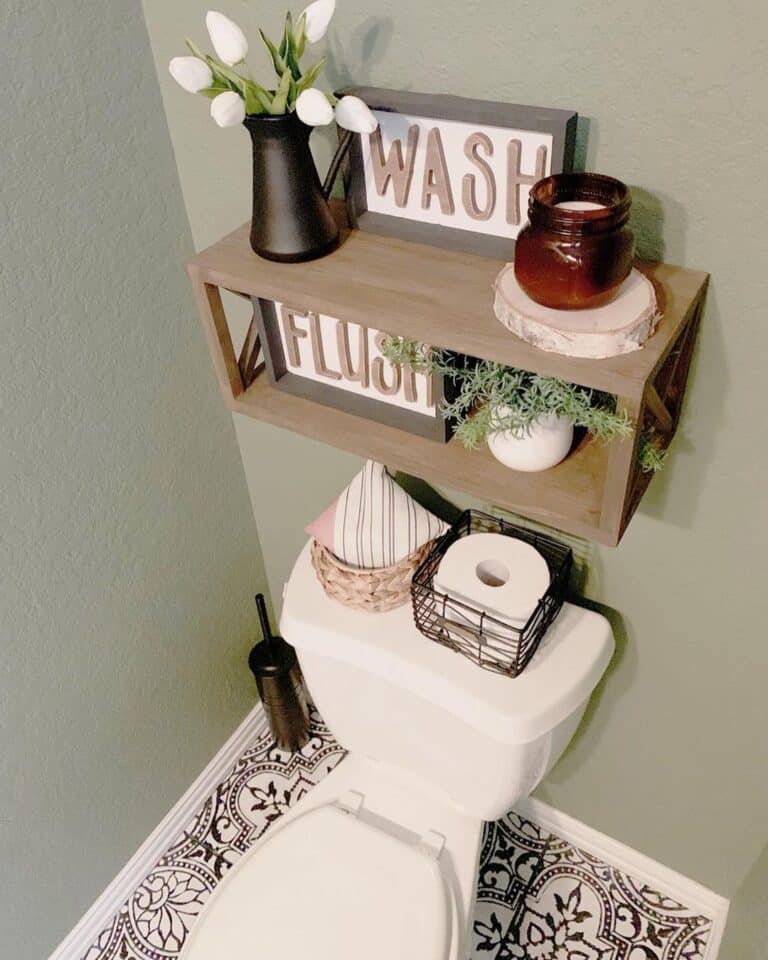 Olive Powder Room with Shelving