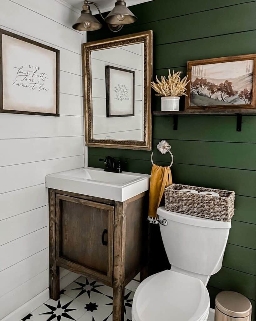 Olive and White Bathroom with Warm Tones