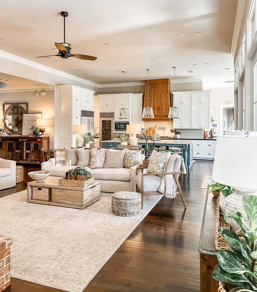 Open Concept Living Room with Natural Fabric Pouf