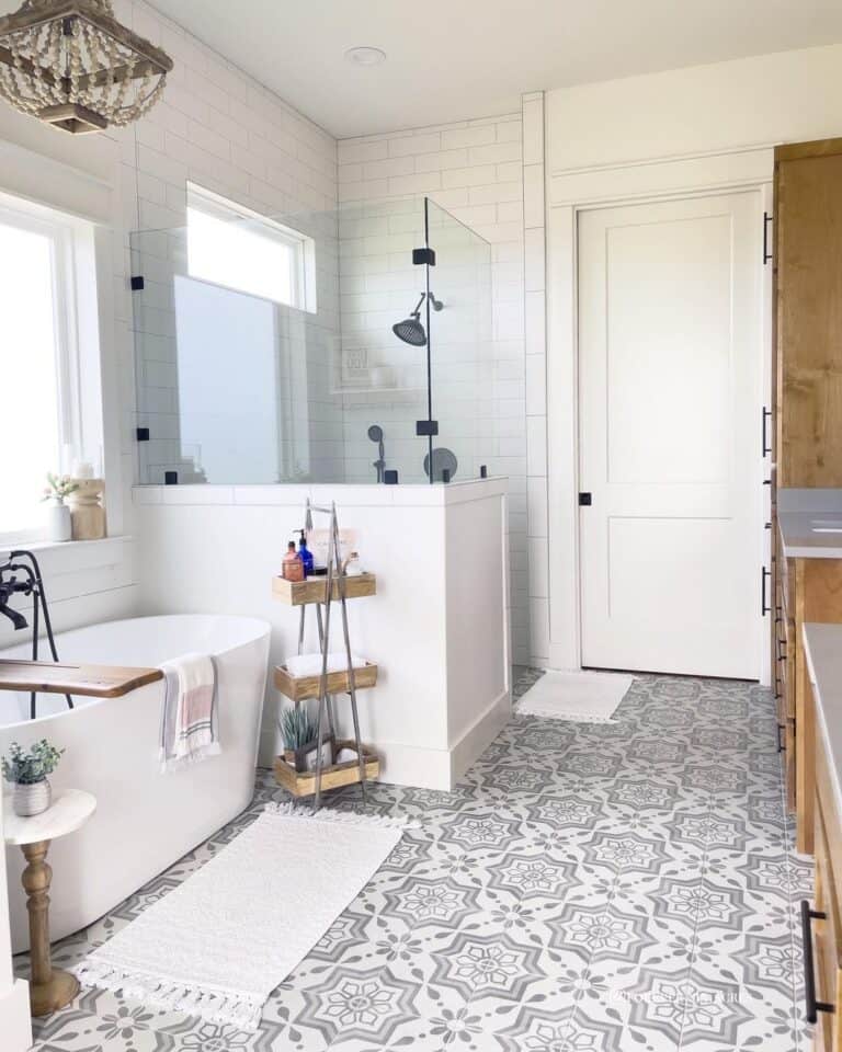 Ornate Grey and White Floor and a Corner Shower