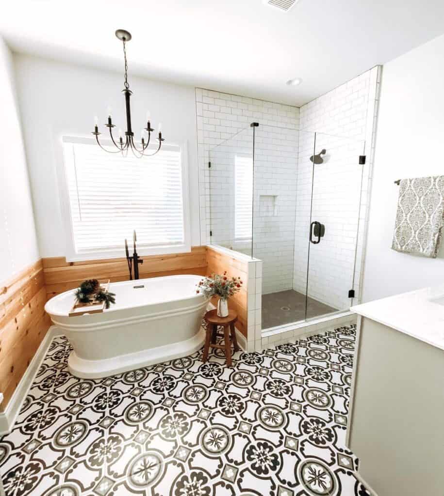 Ornate Square Tile Floor and a Corner Shower