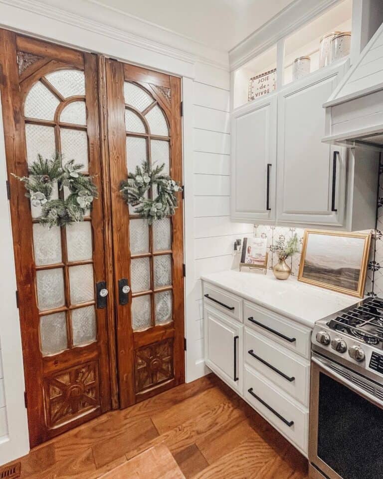 Ornately Carved Double Pantry Doors With Frosted Glass