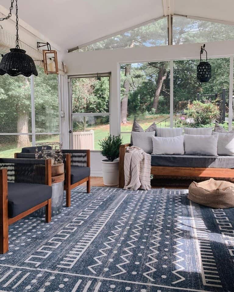 Patterned Rug on Enclosed Patio Flooring