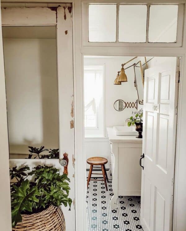 Penny Tile Flooring in Rustic Vintage Bathroom - Soul & Lane