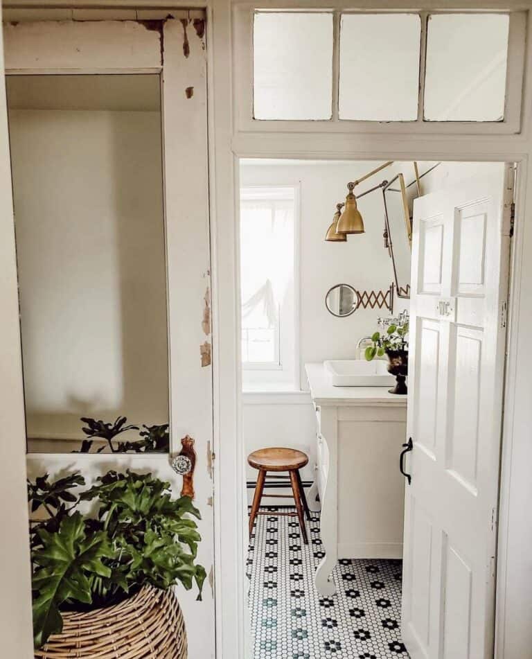 Penny Tile Flooring in Rustic Vintage Bathroom