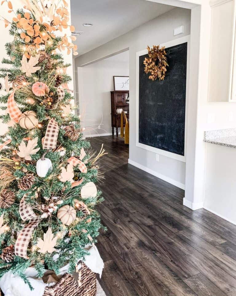 Pink Christmas Tree Decorations Alongside Fall Decor